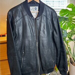 Solid Black Contemporary Genuine Leather Bomber Jacket
